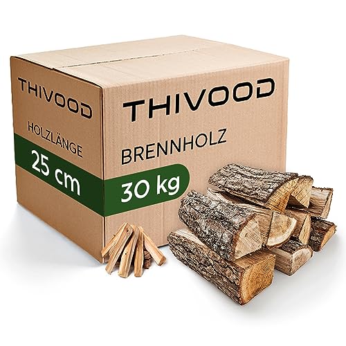 THIVOOD Brennholz 33 cm - hochwertiges Buchenholz - Premium Feuerholz inklusive Anzündholz - trockenes 30 Kg Hartholz mit unter 18% Restfeuchtigkeit - Ofenfertiges Kaminholz für Zuhause & Outdoor von THIVOOD