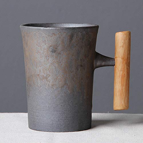 THUMBGEEK Japanischer Vintage-Kaffeebecher mit Holzgriff, Keramik, Wasserbecher für Zuhause und Büro (Grau-B) von thumbgeek