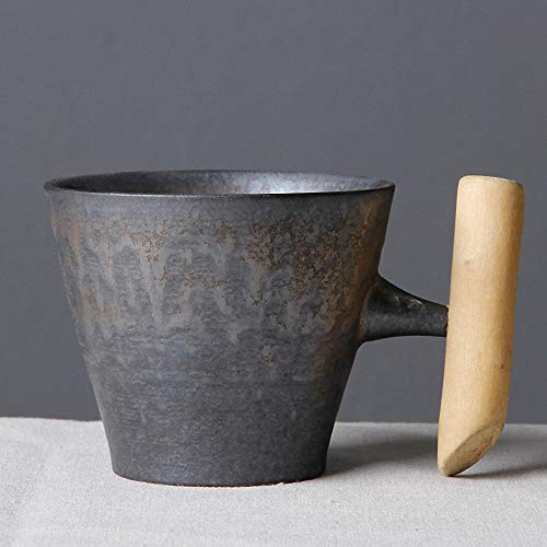 THUMBGEEK Japanischer Vintage-Kaffeebecher mit Holzgriff, Keramik, Wasserbecher für Zuhause und Büro (Grau-D) von thumbgeek