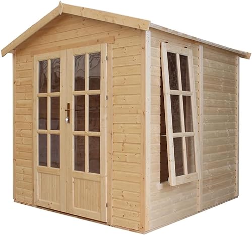 Garten Holzhaus mit Bitumenschindeln der braun Farbe, B233xT222xH233 cm, Modernes Gartenhaus als Home-Office, Abschließbares Gartenhaus, Home Office im Garten oder Garten-Studio TIMBELA M351FB von TIMBELA