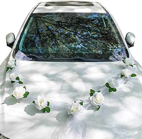 TINMAGI Autoschmuck Hochzeit Motorhaube Weiß,Rosen Girlande Braut Paar Rose Deko Dekoration Autoschmuck, Hochzeit Auto Wedding Deko Girlande für Hochzeit Party von TINMAGI