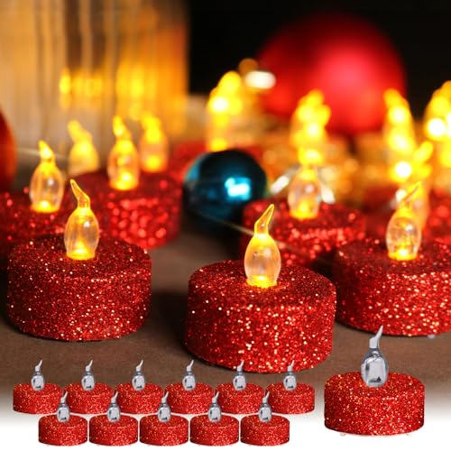 TINYOUTH 12 Stück LED Teelichter Flackernde, Deko Tisch Teelichter LED Kerzen Elektrische Teelichter, Batterien Enthalten für Hochzeitsfeier Jubiläum Verlobung Dekoration, Rot Glitzernd von TINYOUTH