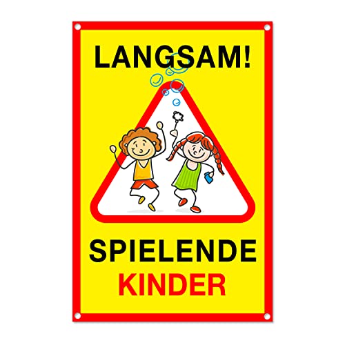 Achtung Kinder Schild - Spielende Kinder Warnschild – Vorsicht hier spielen Kinder – Bitte langsam fahren (PVC 20x30 cm) (1) von TK THERMALKING