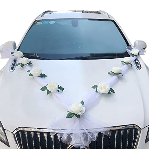 TKTTBD Autoschmuck Hochzeit - Braut Paar Rose Deko Dekoration Car Auto Wedding Girlande Saugnapf Für Motorhaube Hochzeits Weiß Gaze Rosendekoration Set Verlobungsfeier Party von TKTTBD