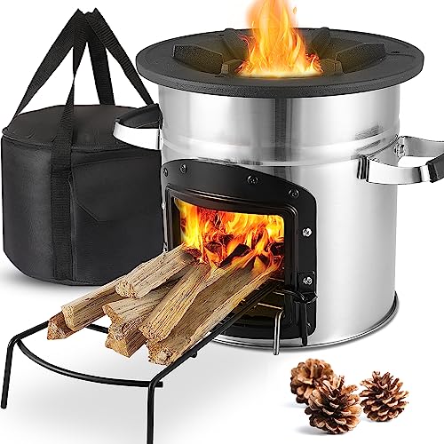 Raketenofen mit Tragetasche, Raketenofen für Dutch Oven Grillpfannen, Camping Raketenofen Outdoor, Rocket Stove Ø26cm, Inkl. Brennholzständer, Ideal für Camping Kochen im Freien, Edelstahl von TLSUNNY