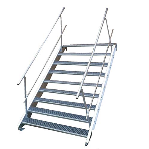 Stahltreppe Industrietreppe Aussentreppe Treppe 9 Stufen-Breite 80cm Variable Geschosshöhe 135-180cm vezinkt mit beidseitigem Geländer von TMM