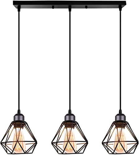TOKIUS 3-flammig Pendelleuchte Vintage Industrial Hängelampe mit Geometrischem Design E27 Lampe aus Eisen Käfig Lampenschirm Schwarz Hängeleuchte für Esstisch Küche (Pendellampe, Balken) von TOKIUS