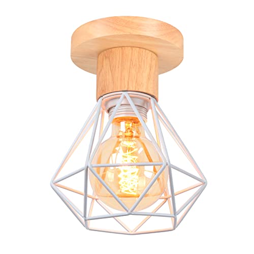 TOKIUS Deckenlampe, 16CM Vintage Deckenleuchte im Industrial Design Retro E27 Lampe aus Holz Eisen Käfig Pendelleuchte Weiß (1 Stück) von TOKIUS