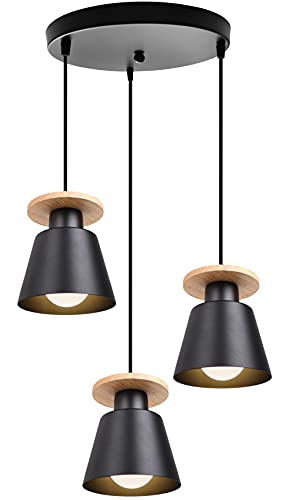 TOKIUS Pendelleuchte Vintage 3-flammig Hängelampe Holz Metall Lampenschirm Industrial Hängelleuchte Deckenlampe für Wohnzimmer Esszimmer (Schwarz, Typ A) von TOKIUS