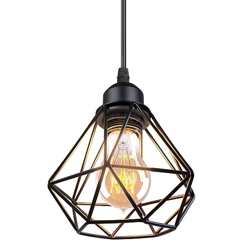 TOKIUS Pendelleuchte Vintage Industrial 16CM Hängelampe mit Geometrischem Design E27 Lampe aus Eisen Käfig Lampenschirm Schwarz Hängeleuchte für Esstisch Küche (Pendellampe 1-flammig) von TOKIUS