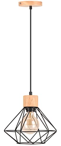 TOKIUS Pendelleuchte Vintage Industrial Hängelampe Geometrischem Design E27 Lampe aus Holz und Eisen Käfig Lampenschirm Schwarz Hängeleuchte für Esstisch Küche Wohnzimmer (Pendellampe 1-flammig, 22cm) von TOKIUS