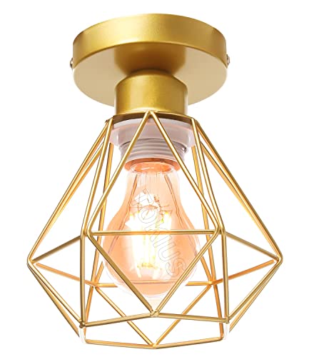 TOKIUS Retro Deckenlampe 16CM Vintage Deckenleuchte im Industrial Design Geometrisch Lampenschirm E27 Lampe aus Eisen Käfig Pendelleuchte Gold (1 Stück) von TOKIUS