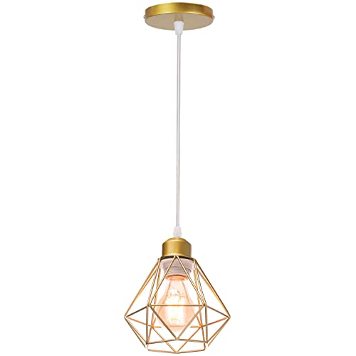 TOKIUS Retro Deckenlampe 16CM Vintage Deckenleuchte im Industrial Design Geometrisch Lampenschirm E27 Lampe aus Eisen Käfig Pendelleuchte Gold (1-flammige Hängelampe) von TOKIUS
