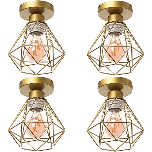TOKIUS Retro Deckenlampe 16CM Vintage Deckenleuchte im Industrial Design Geometrisch Lampenschirm E27 Lampe aus Eisen Käfig Pendelleuchte Gold (4 Stücke) von TOKIUS