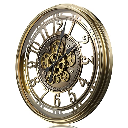 TOKTEKK 76,2 cm große Wanduhr mit echten beweglichen Zahnrädern, Moderne dekorative Metalluhren für Wohnzimmer-Dekor, übergroße industrielle Steampunk-Wandkunstuhr, arabische Ziffern, Vintage, Gold von TOKTEKK