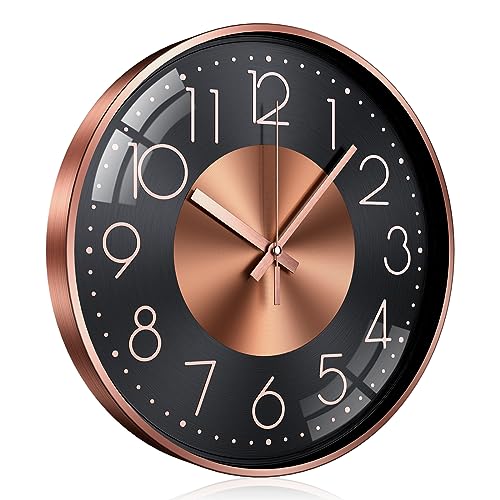 TOKTEKK Wanduhr Ohne Tickgeräusche Lautlos Modern wanduhren 12 Zoll Rund Geräuschlos Küchenuhr Aluminium Wall Clock Für Wohnzimmer Küche Schlafzimmer Und Büro(Roségoldene Ziffern) von TOKTEKK