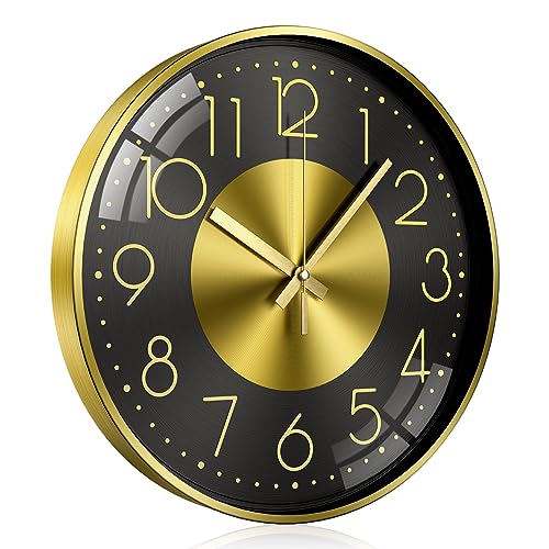 TOKTEKK Wanduhr Ohne Tickgeräusche Lautlos Modern wanduhren 12 Zoll Rund Geräuschlos Küchenuhr Aluminium Wall Clock Für Wohnzimmer Küche Schlafzimmer Und Büro(Schwarzgoldene Ziffern) von TOKTEKK