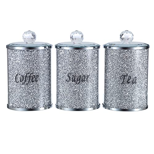 TOLIDA 3 Stück Dose aus zerkleinerten Diamanten und Acryl,Vorratsdosen für kaffe, Tee, Zucker mit Mit Buchstaben beschriftet als Deko 17CM von TOLIDA