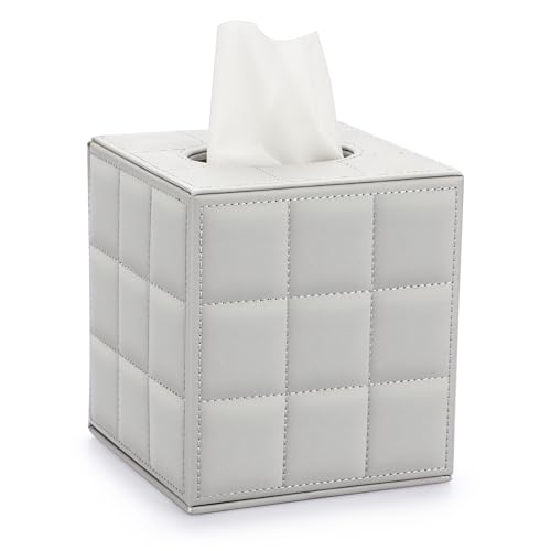 TOLIDA PU Tissue Halter Box, Quadratische Taschentuchbox aus Leder, Kosmetiktücherbox Karierte Schubladenbox für Wohn, Bade (Hellgrau) von TOLIDA