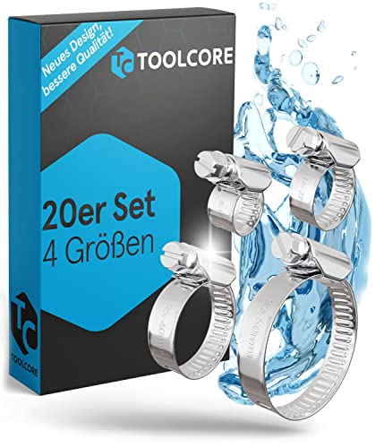 TOOLCORE® Schlauchschellen Edelstahl 8-50mm [Extra Stark] 20er Mix in Qualität W4 – Für Garten, Waschmaschine, Pool, KFZ - Schlauchklemmen, Schlauchschellen Set, Schellen, Klemmschelle… von TOOLCORE