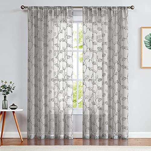 TOPICK Sheer Vorhang Voile Stangedurchzug Blätter Stickerei Gardine Transparent Grau Blatt Vorhänge Gaze Paarig für Wohnzimmer Schlafzimmer 140Bx245H(cm) 2er Set von TOPICK