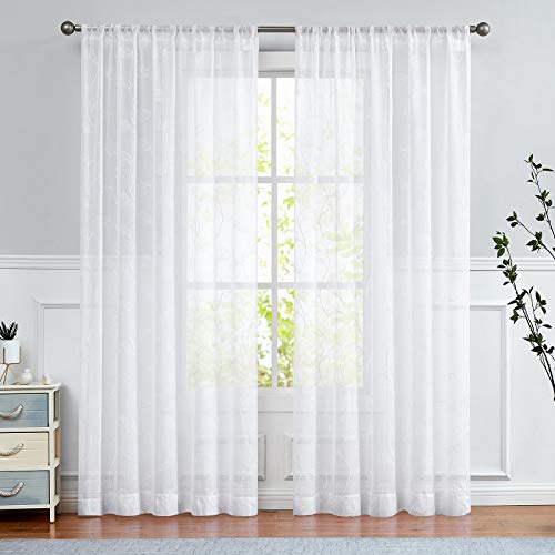 TOPICK Sheer Vorhang Voile Stangedurchzug Blätter Stickerei Gardine Transparent Weiß Blatt Vorhänge Gaze Paarig für Wohnzimmer Schlafzimmer 140Bx225H(cm) 2er Set von TOPICK