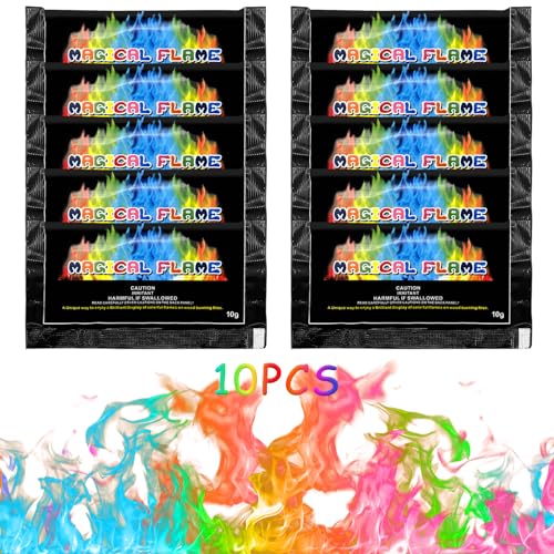 TOPJOWGA Buntes Feuerpulver, 10 x 10g Buntes Feuer, Bunte Flammen Pulver, Magic Fire Pulver Set, Feuerfarben Pulver Buntes Feuer, Neon Flames, Magical Flames für Outdoor-Events Weihnachten Party von TOPJOWGA