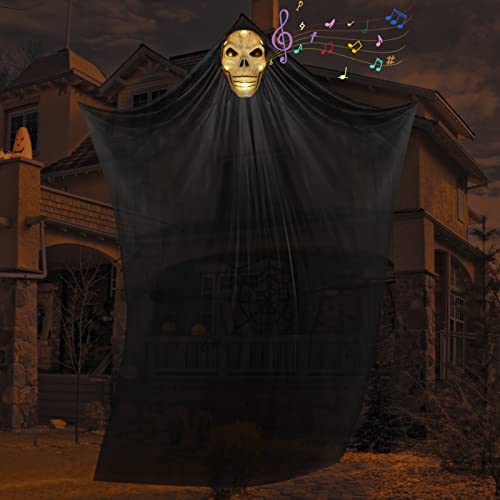 TOPJOWGA Halloween Hängende Geister, 1.8x3.3M Halloween Deko Hängender Geist mit LED und Sound, Halloween Deko Horror Hängendes Skelett, Halloween Hängend Deko Fliegendes Geist Dekoration (Schwarz) von TOPJOWGA