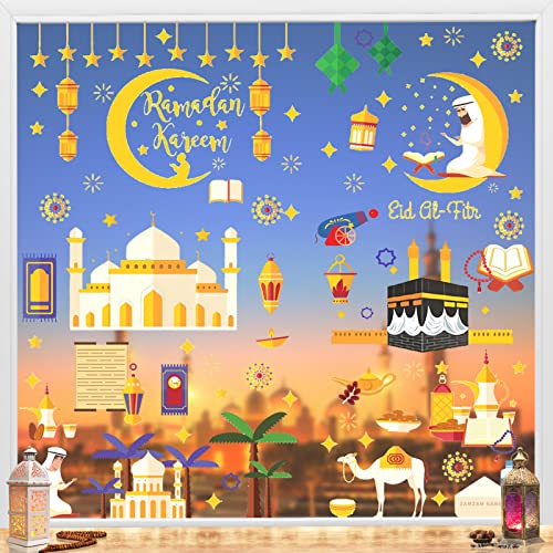 TOPJOWGA Ramadan Fensteraufkleber, 9 Blätter Eid Mubarak Fensterbilder, Stern Halbmond Fenster Aufkleber, Ramadan Mubarak Aufkleber für Fensterdeko, Muslim Fensteraufkleber Eid Mubarak Dekorationen von TOPJOWGA