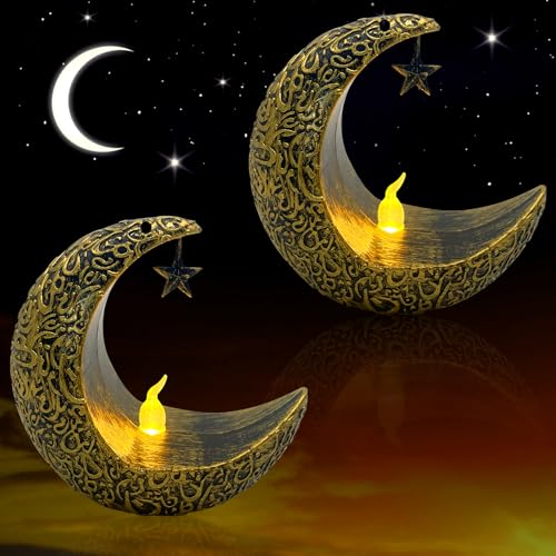 TOPJOWGA Teelichthalter Moon Kerzenständer, 2 Stück Moon Kerzen Flammenlose, Ramadan Teelichthalter, LED Flammenlose Kerzen Batteriebetrieben Islam Festival Lichter Ramadan Dekoration von TOPJOWGA