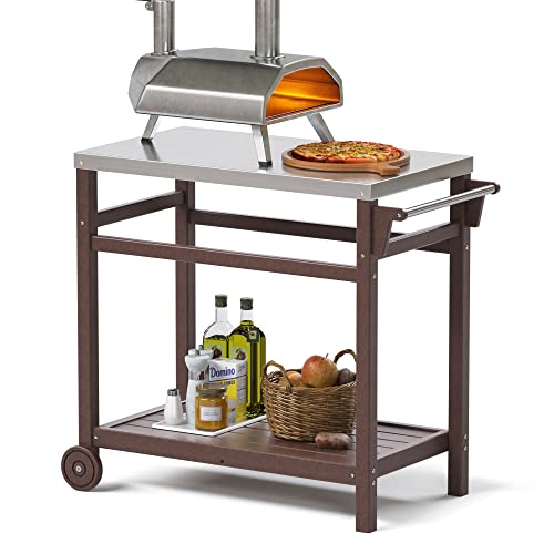 TORVA Kücheninselwagen, beweglicher Esswagen-Tisch mit Edelstahl-Metallplatte, Küche, Lebensmittelzubereitung, für drinnen und draußen (braun) von TORVA