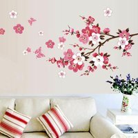 Wandtattoo Kirschblüte mit roter Rose Schmetterling (120x50cm) i Sakura Rattan Blume Zweig Baum selbstklebender Wandsticker von TOVBMUP