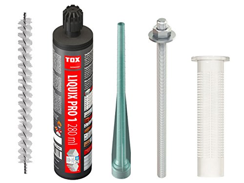 TOX Schwerlast Befestigungsset M10 Verbundmörtel Liquix Pro 1 styrolfrei 280 ml + 2 x Statikmischer + 4 x Gewindestange M10/130 + 4 x Siebhülse 16/85 + Zylinderbürste von TOX
