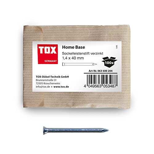TOX Sockelleistenstifte Home Base blau verzinkt mit tiefem Senkkopf in recycelbarer Papierverpackung, Größe 1,4 x 40 mm, zur Befestigung von Sockelleisten, Lattungen, Holz uvm., 100 Stk., 063600204 von TOX