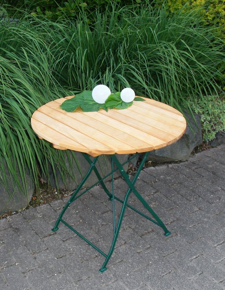 TPFGarden Gartentisch BAD BELZIG (Robuster Garten Holztisch Outdoor runde Tischplatte, 1-St., Garten-Esstisch 77cm Durchmesser Holz (aus Robinienholz), Gestell Flachstahl dunkelgrün - klappbar - Hochwertige Verarbeitung von TPFGarden