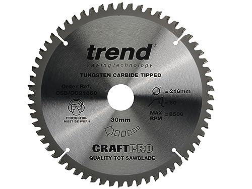 Trend CraftPro Negative Hook Crosscutting TCT Kreissägeblatt, 216mm Durchmesser x 60 Zähne x 30mm Bohrung, Hartmetallbestückt, CSB/CC21660 von TREND