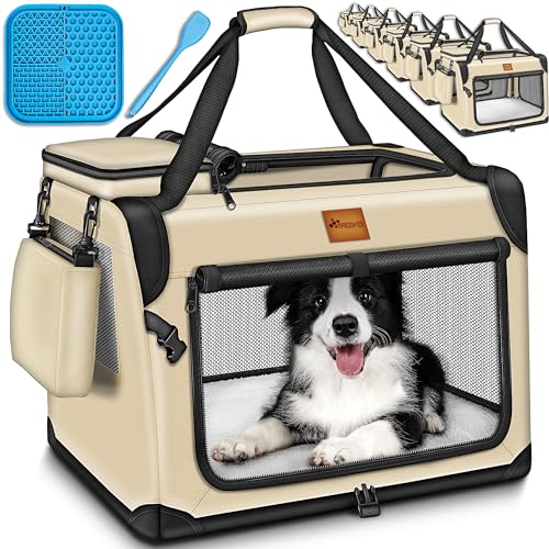 TRESKO® Hundebox faltbar inkl. Leckmatte und Spatel S 50x34x34cm | Transportbox für Hunde und Katzen | Hundetransportbox für kleine & große Hunde | Hundetasche robust Beige von TRESKO