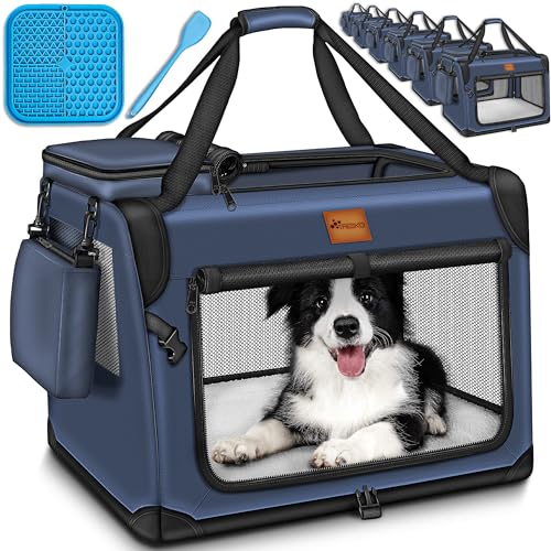 TRESKO® Hundebox faltbar inkl. Leckmatte und Spatel XXL 92x63x63cm | Transportbox für Hunde und Katzen | Hundetransportbox für kleine & große Hunde | Hundetasche robust Navyblau von TRESKO