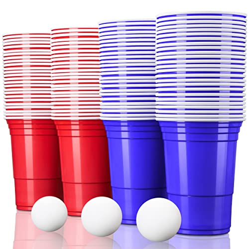 TRESKO 100 Beer Pong Becher + 12 Bälle wiederverwendbar | Partybecher 473ml - 16oz | Bierpong, Red Cups extra stark | Plastikbecher Rot & Blau von TRESKO