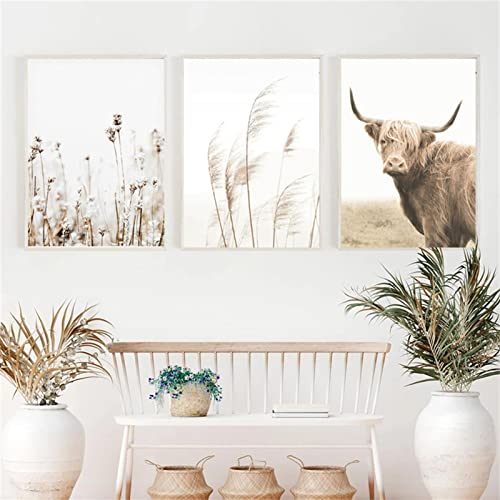 TROYSINC 3er Beige Poster Set, Schilf Natur Leinwandbilder, Moderne Rinder und Schafe Print Wandbilder Ohne Rahmen Wandposter für Wohnzimmer (Stil B,30 x 40 cm) von TROYSINC