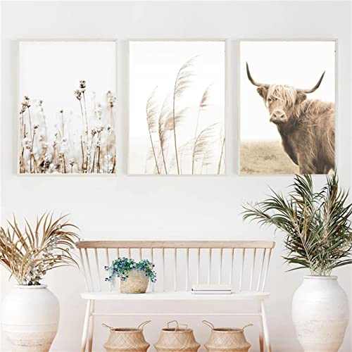 TROYSINC 3er Beige Poster Set, Schilf Natur Leinwandbilder, Moderne Rinder und Schafe Print Wandbilder Ohne Rahmen Wandposter für Wohnzimmer (Stil B,40 x 50 cm) von TROYSINC