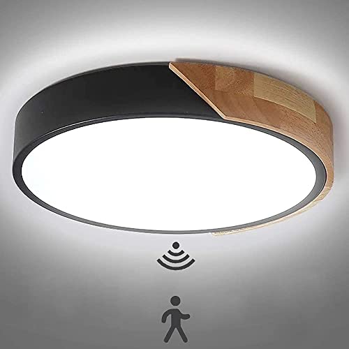 LED Holz Deckenleuchte mit Bewegungsmelder Innen Sensorlampe Modern Runden Deckenlampe mit Tageslichtsensor Decke Lampe für Flur Korridor Treppe Wohnzimmer Balkon Küche Veranda Büro (Schwarz,22cm) von TRUYOK