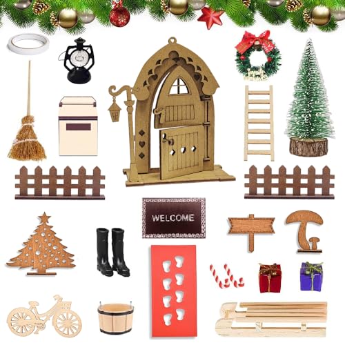 TUIBEIDAMAI Wichteltür Weihnachten Set, 24 Stück, Nissedor mit Wichtel, Miniatur Feentür, zubehör, Holz, von TUIBEIDAMAI