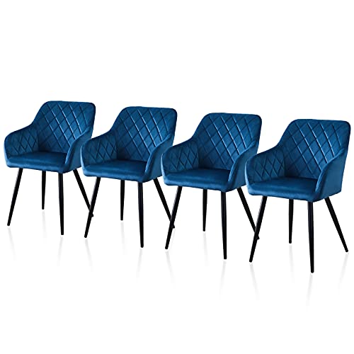 TUKAILAI 4 Stück Esszimmerstühle aus Samt Stühlen mit gepolstertem Sitz Metallbeinen Armen Rückenlehne Wohnzimmer Esszimmer Küche Schlafzimmer Blau von TUKAILAI