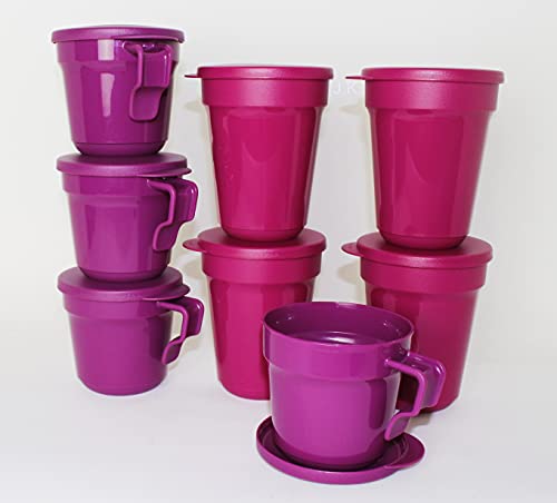 TUPPERWARE Aloha 4x Trinkbecher 470ml Beere + Aloha 4x Tasse mit Henkel 350ml Lila + 750ml Goldene Flasche von Tupperware