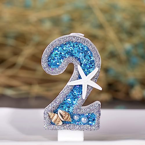 3-Zoll-Geburtstags-Zahlenkerzen, blaue Zahlenkerzen (Nr. 2), glitzernde Geburtstagskerzen, Tortenaufsatz mit Muschel, Perle, Seestern-Muscheln, Pailletten für Jubiläumsfeiern, Zubehör (2) von TVIAOH