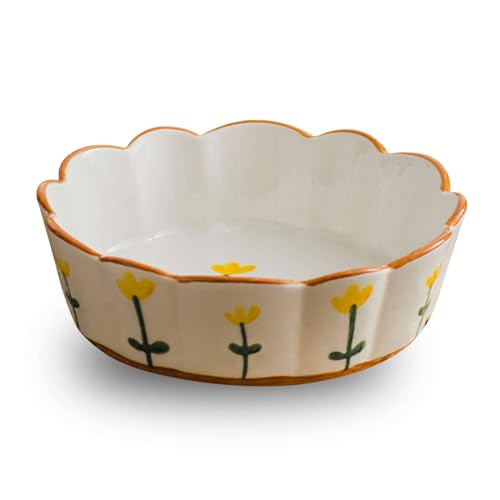 TYMYYS Kleine Runde Auflaufform, Bunte Keramik-Kuchenform, Runde Keramik-Kuchenplatte-Weiß und Blumen-350ml, 15x15x5cm von TYMYYS