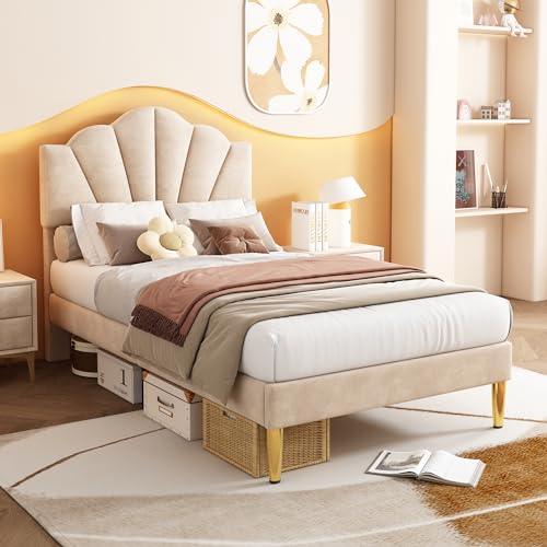 Kinderbett Polsterbett 90x200 mit Verstellbares Kopfteil, muschelartiges Bett mit goldenen Eisenbeinen, Einzelbett Mädchenbett Jugendbett mit Lattenrost und Rückenlehne, Samt, Beige, Ohne Matratze von TZCIN