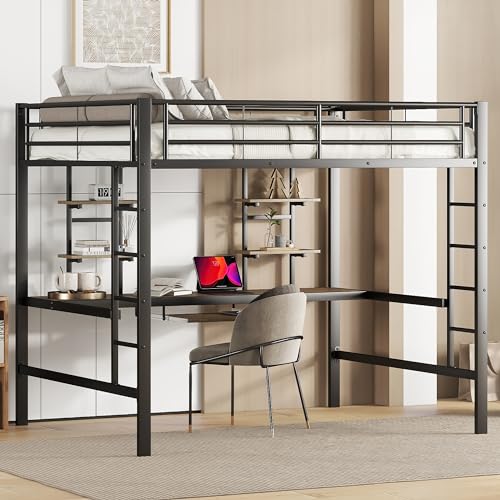 TZCIN Hochbett 140x200 mit Schreibtisch und Zwei Bücherregal, Kinderbett Bettgestell Metallbett Eisenbett, Funktionsbett Jugendbett mit Rausfallschutz für Kinder, Jugendliche und Erwachsene, Schwarz von TZCIN