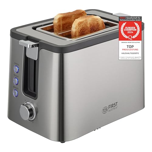 TZS First Austria Premium Toaster | Edelstahl | 2-Scheiben | 6 Bräunungsstufen | Auftau- und Aufwärmfunktion | integrierter Brötchenwärmer | Krümelfach von TZS First Austria